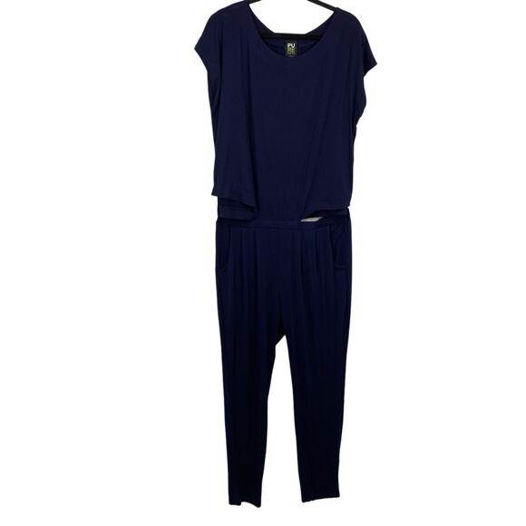 Pure Essence Cap Sleeve Jumpsuit Women size Large Pockets Faux Tuck Navy Blue - Picture 2 of 12